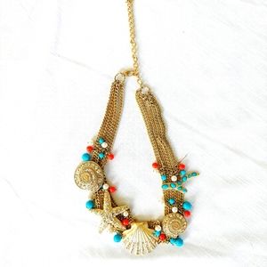 Vintage Golden Rhinestone And Beads Sea Creature Charm Necklace